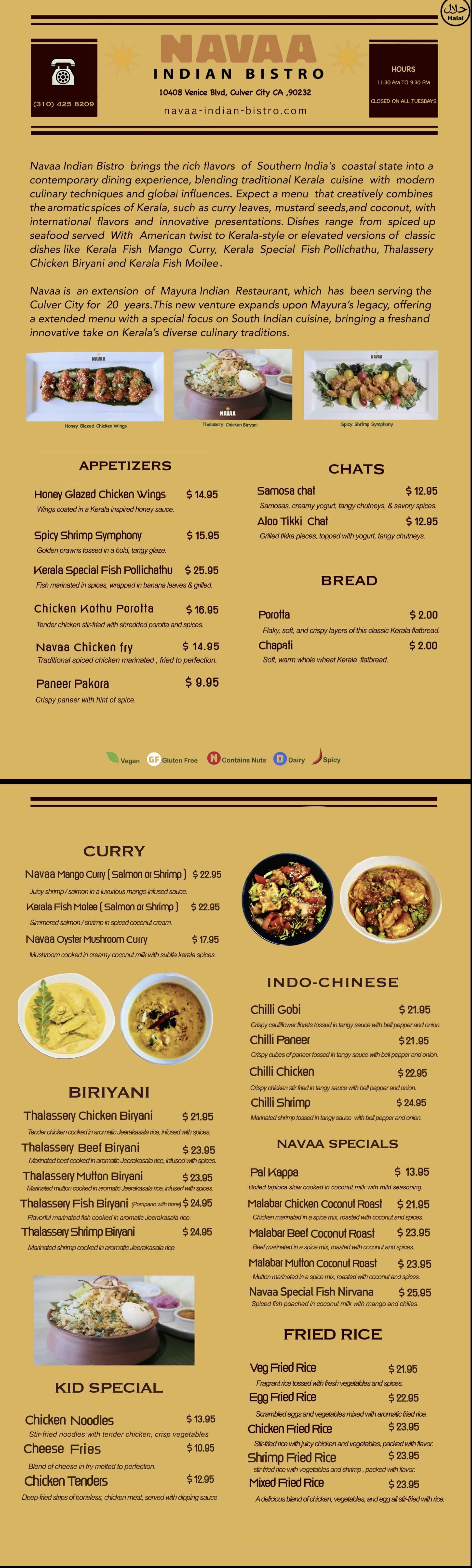 Navaa Indian Bistro brochure. All information therein is also available elsewhere on the website.  See the navigation links.