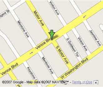Map showing Navaa Indian Bistro's location at the Southwest corner of Venice Blvd and Motor Ave